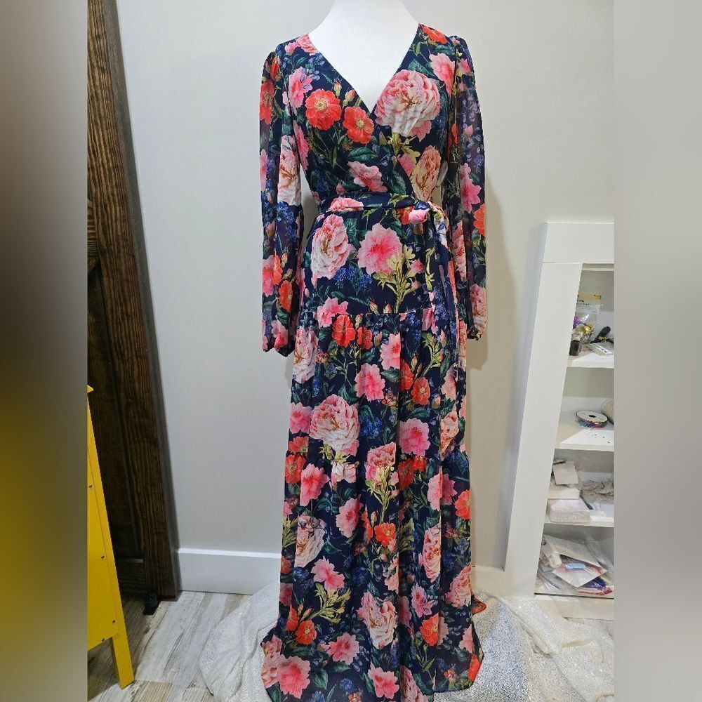 Eliza J Floral-Print Faux-Wrap Maxi Dress NWOT Size 2 Blue/Pink - Picture 3 of 5